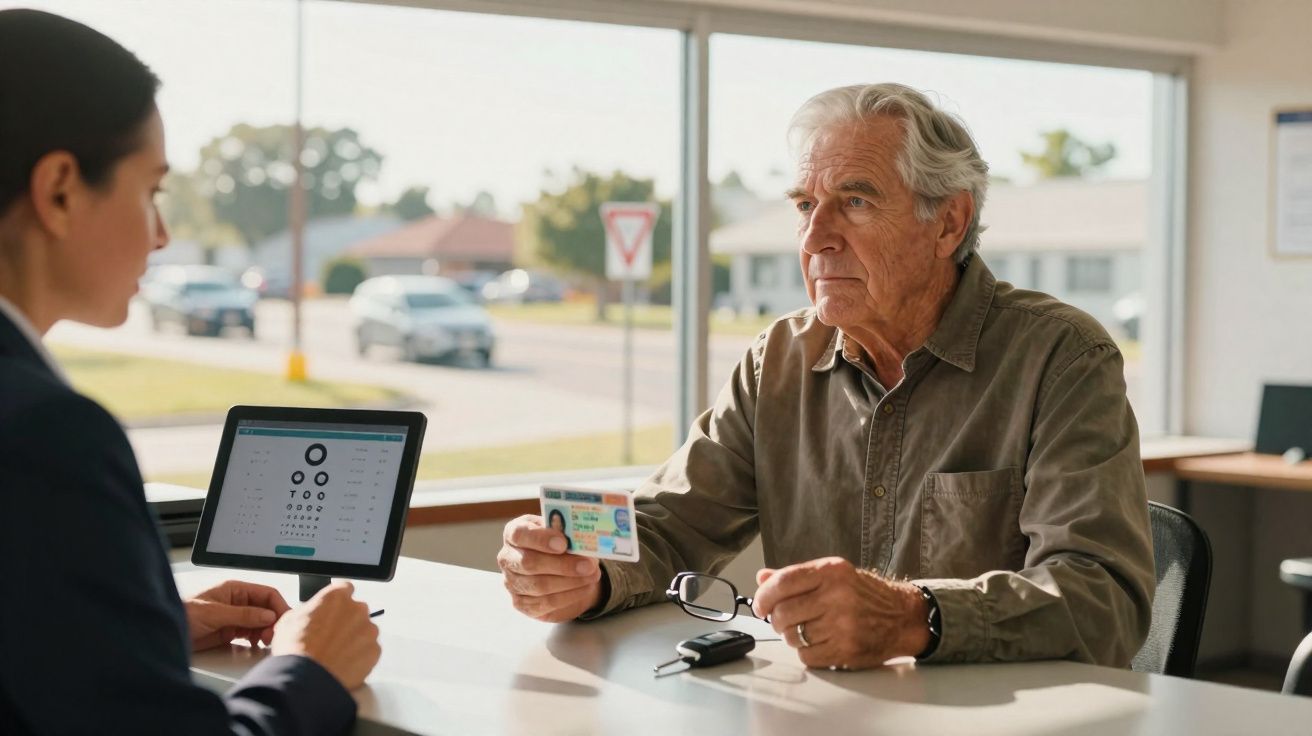 Homem idoso a apresentar documento a funcionária num escritório com janela para a rua.