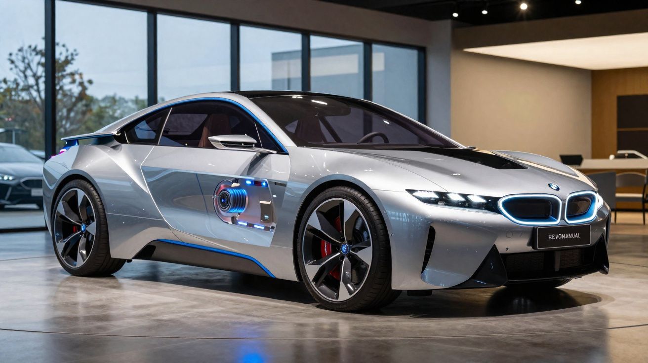 Carro desportivo elétrico BMW prata com design futurista em exposição interior.