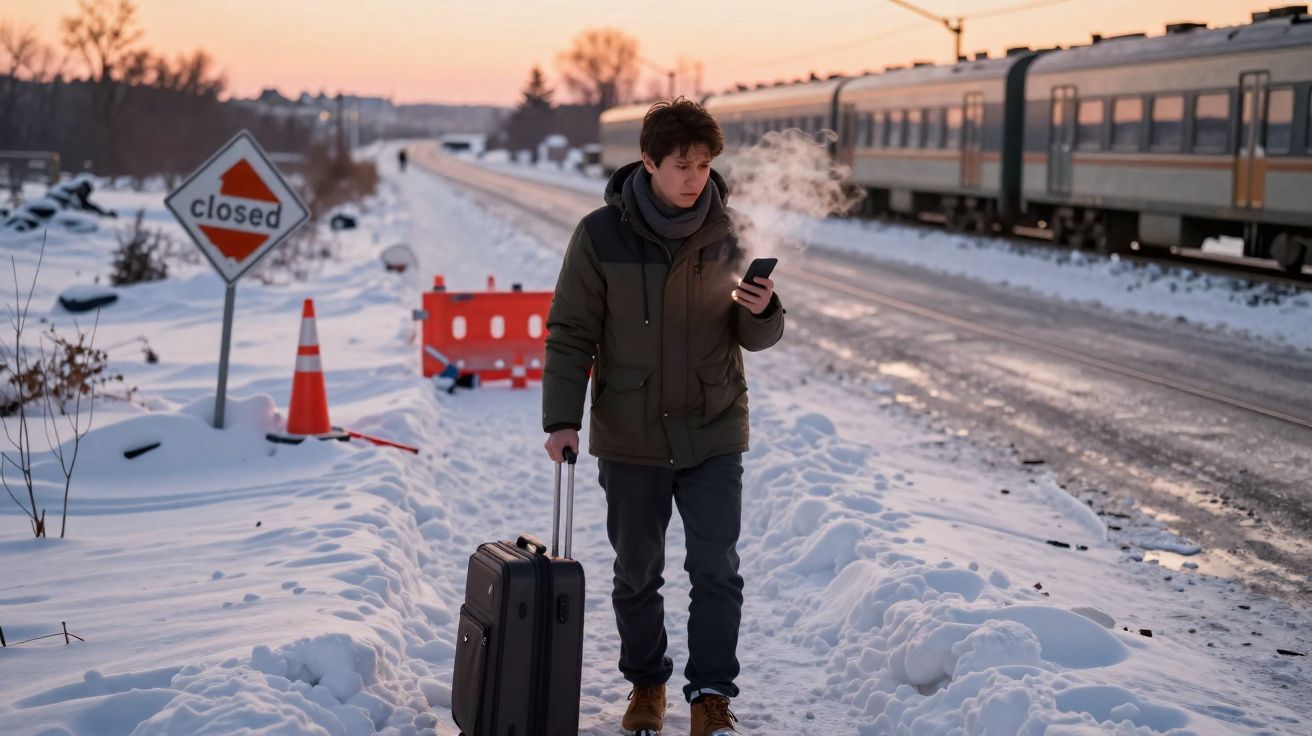 Jovem com mala a puxar, a olhar para o telemóvel numa linha ferroviária coberta de neve ao pôr do sol.