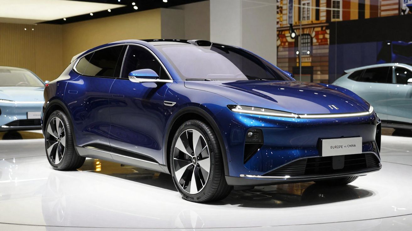 Carro elétrico azul moderno em exposição, com linhas aerodinâmicas e faróis LED finos.