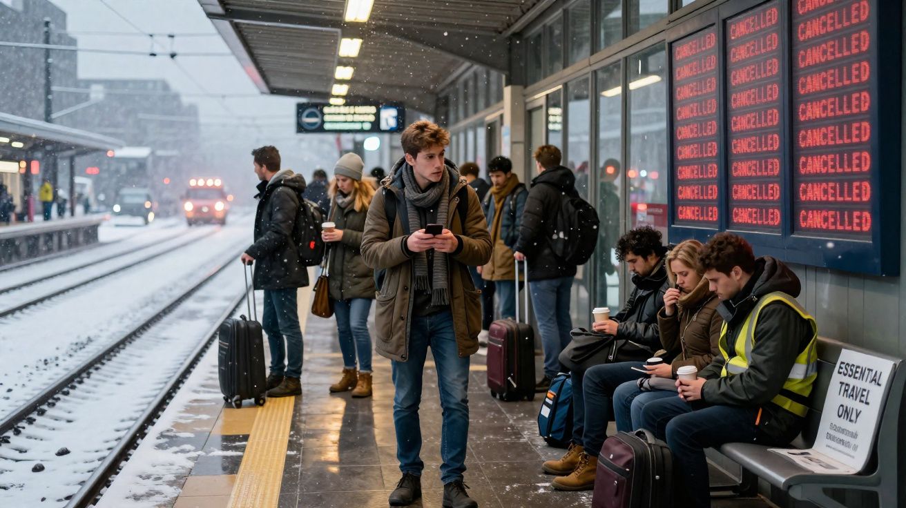 Pessoas com roupas de inverno em plataforma ferroviária com sinais eletrónicos a indicar cancelamentos.