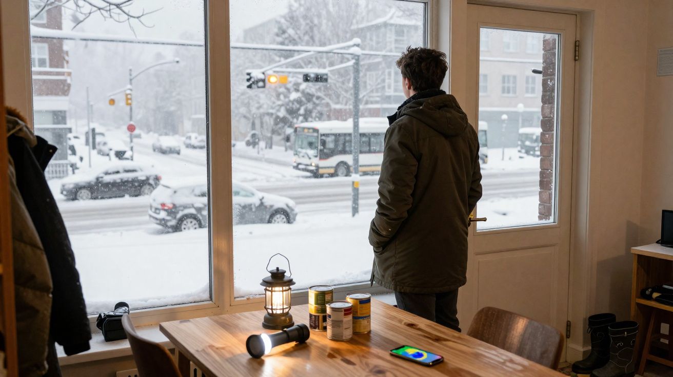 Homem de casaco verde observa pela janela a rua coberta de neve num dia de inverno.