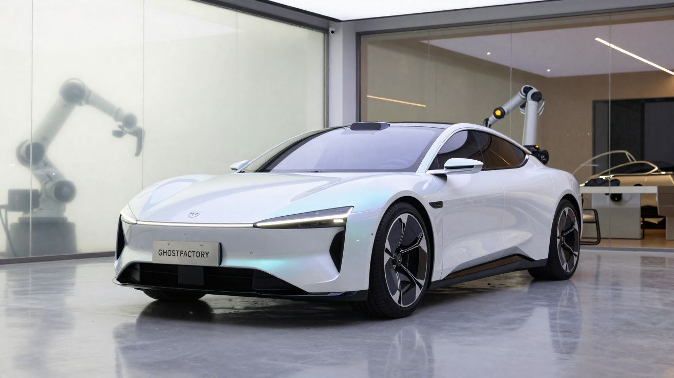 Carro elétrico desportivo branco estacionado num showroom moderno com robôs industriais ao fundo.