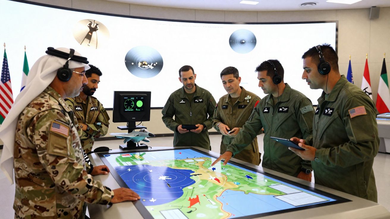 Militares de várias nacionalidades em reunião estratégica em torno de mesa digital com mapa interativo.