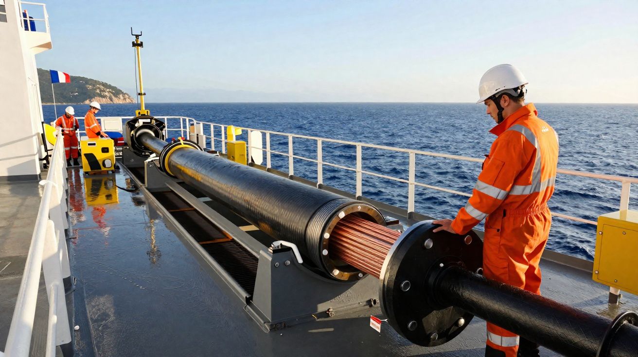 Trabalhadores com equipamentos de proteção a inspecionar cabo submarino metálico num navio no mar.