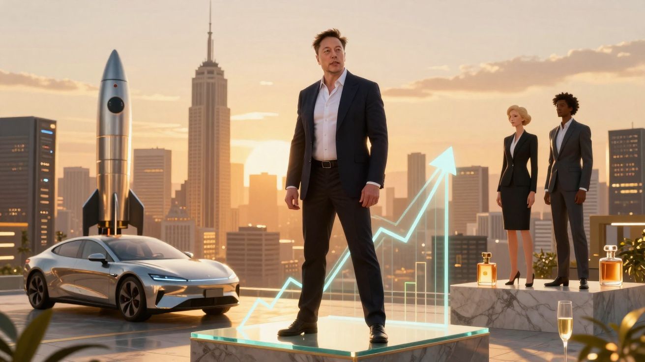 Homem de fato em pedestal com carro elétrico, foguete e gráfico de crescimento urbano ao pôr do sol.