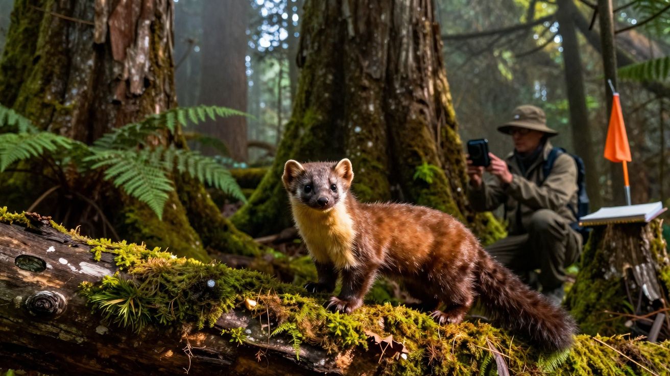Marta-pescadeira em tronco coberto de musgo numa floresta densa, com pessoa a tirar foto ao fundo.