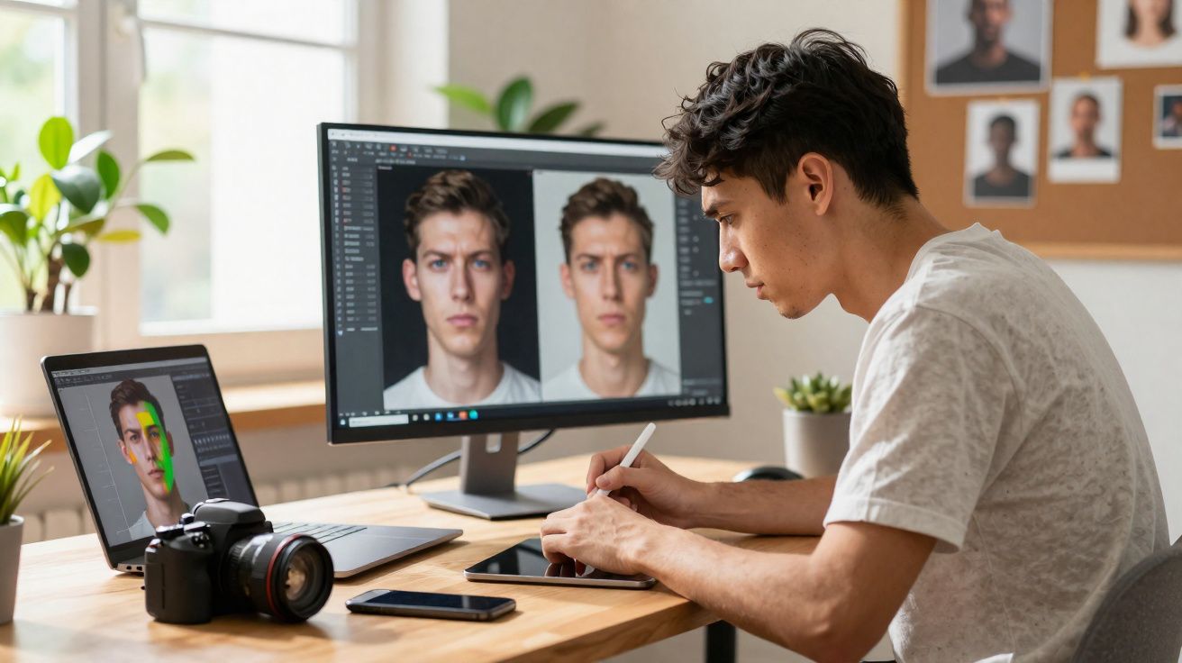 Jovem a editar fotografias de retratos num computador e tablet digital numa mesa com câmara e telemóvel.