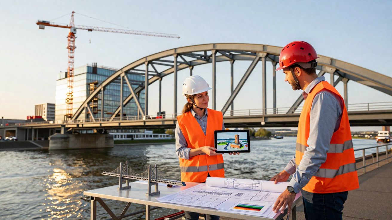 Dois engenheiros com coletes e capacetes a discutir projetos perto de rio com ponte e grua ao fundo.