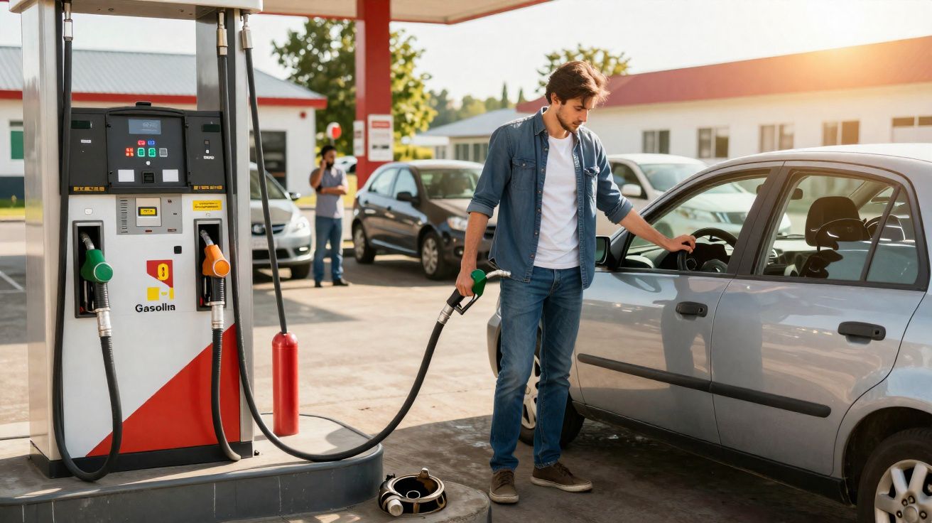 Homem a abastecer um carro cinzento com gasolina numa estação de serviço ao ar livre.
