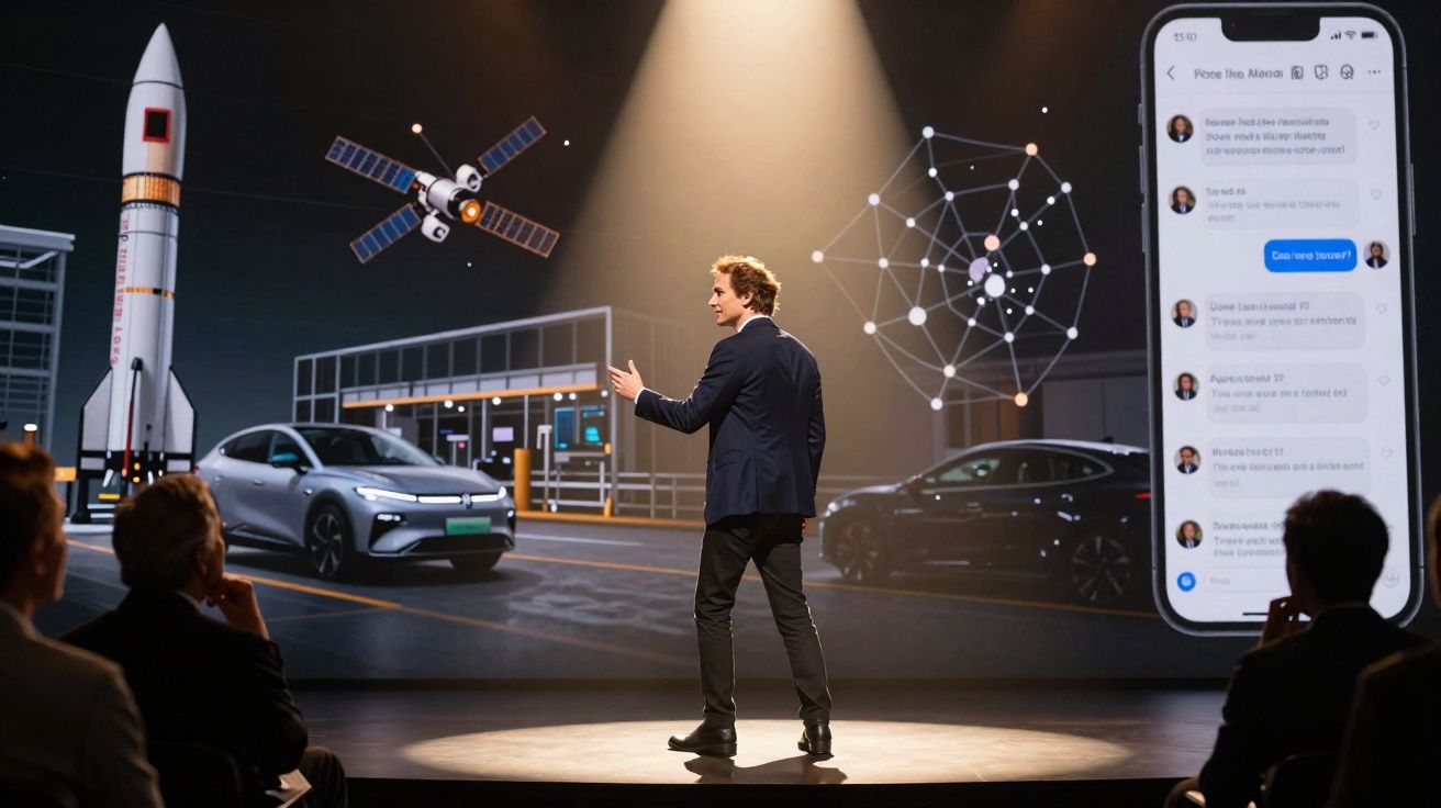 Homem apresenta tecnologia automóvel e espacial em palco com audiência num evento moderno.