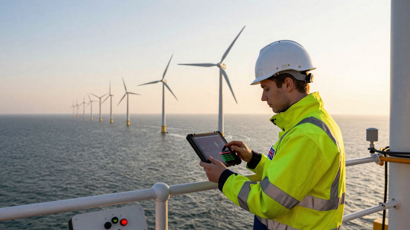 Engenheiro em colete refletor e capacete a operar tablet numa plataforma offshore com turbinas eólicas no mar.