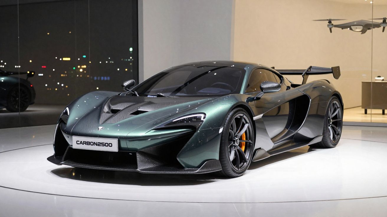 Carro desportivo preto com detalhes em fibra de carbono exposto em salão moderno com drone ao fundo.