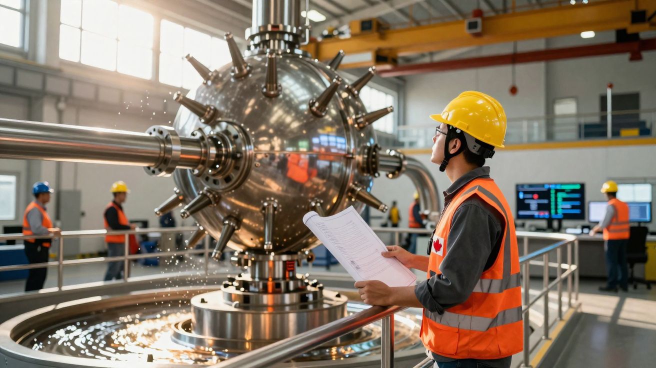 Trabalhador com capacete e colete a analisar equipamento metálico complexo numa fábrica industrial.