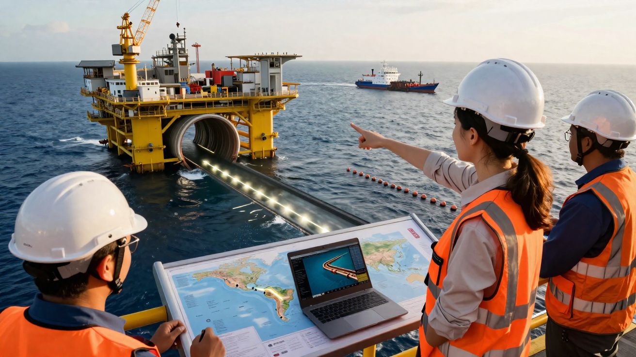 Três trabalhadores com capacete e colete em plataforma marítima observam oleoduto que liga navio e instalação offshore.