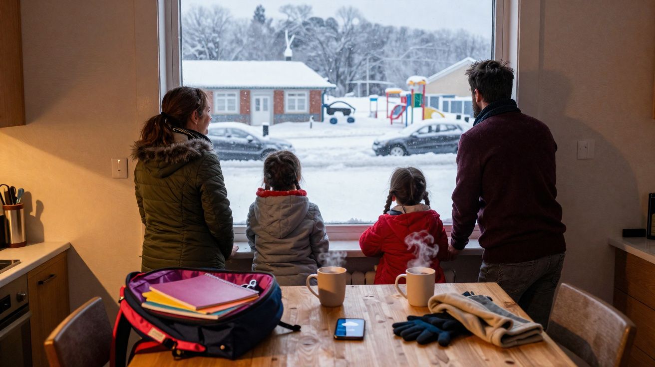 Família observa neve pela janela, com mochilas, luvas e bebidas quentes numa mesa perto.