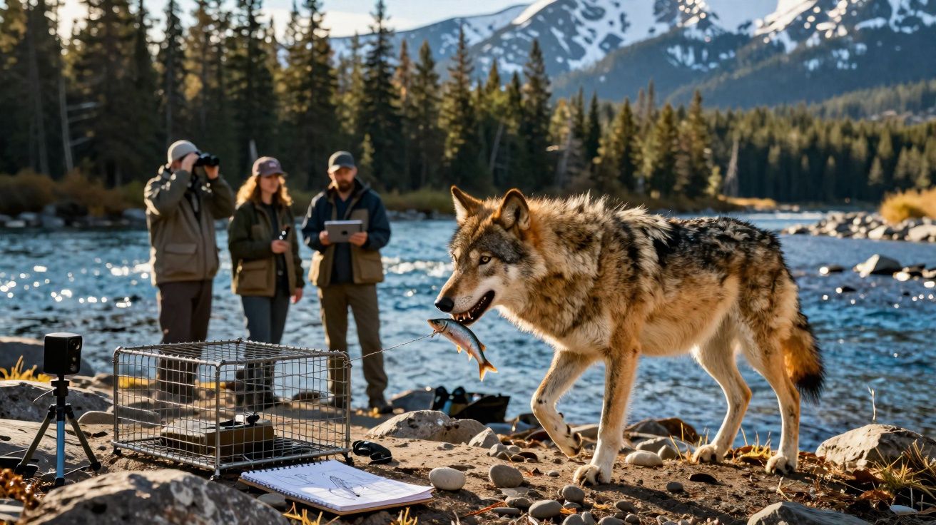 Lobo selvagem segurando um peixe na boca junto a uma armadilha à beira de rio, com três observadores ao fundo.