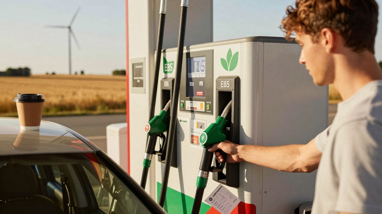 Homem a abastecer carro num posto de combustível com bomba de combustível E85, fundo com moinho de vento.