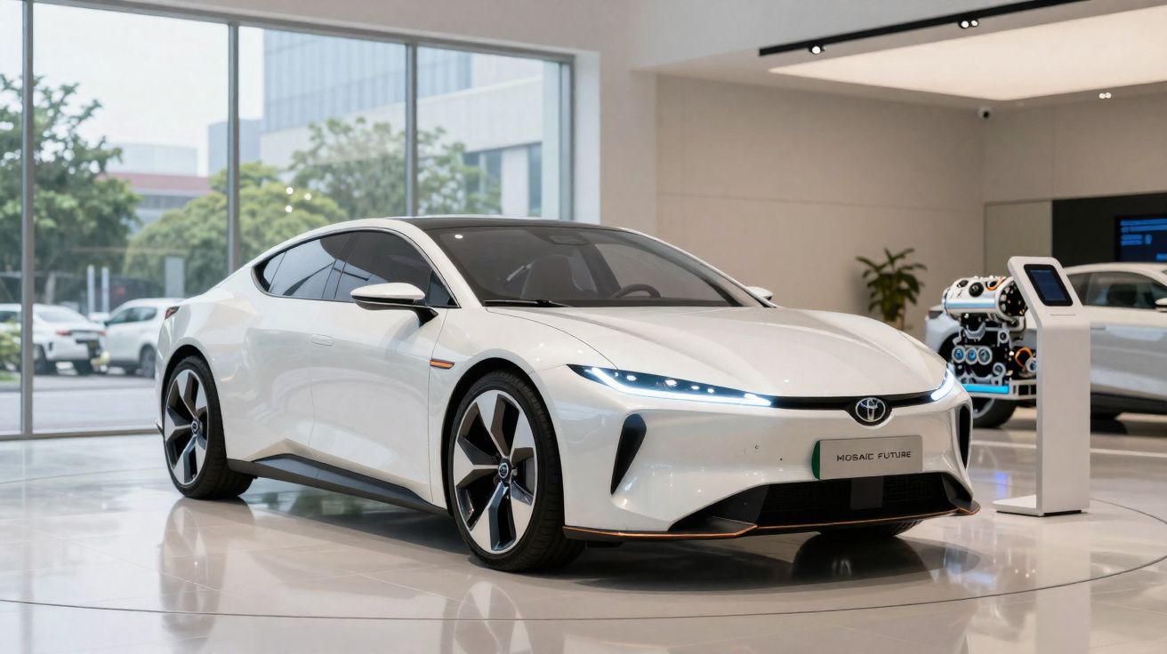 Carro elétrico branco Toyota em exposição moderna com luzes LED e rodas aerodinâmicas num salão iluminado.