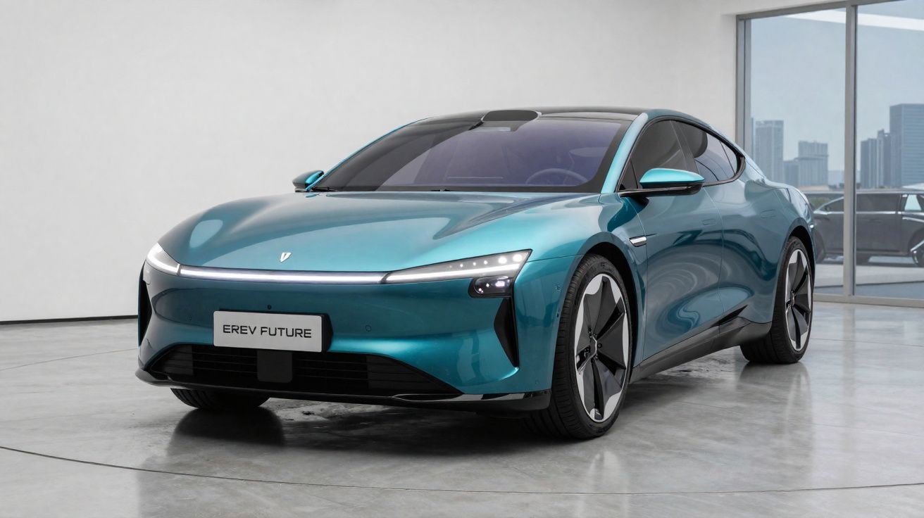 Carro elétrico desportivo azul turquesa estacionado num espaço interior moderno com janelas grandes.