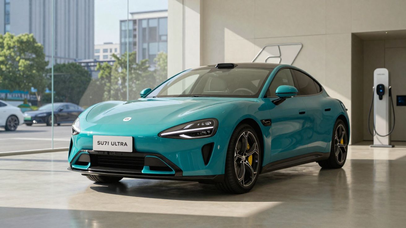 Carro elétrico azul turquesa estacionado em interior moderno com estação de carregamento ao fundo.