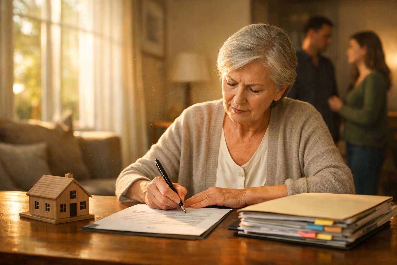 Mulher idosa a assinar documentos num escritório, com casal ao fundo e maquete de casa na mesa.