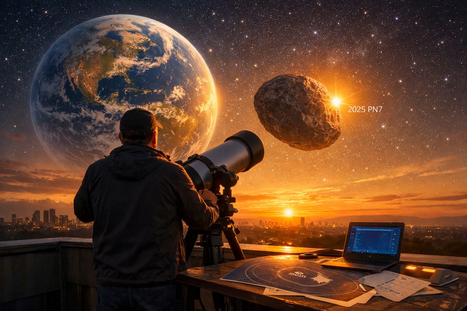 Homem observa planeta Terra e asteroide 2025 PN7 ao pôr do sol com telescópio e portátil numa varanda.