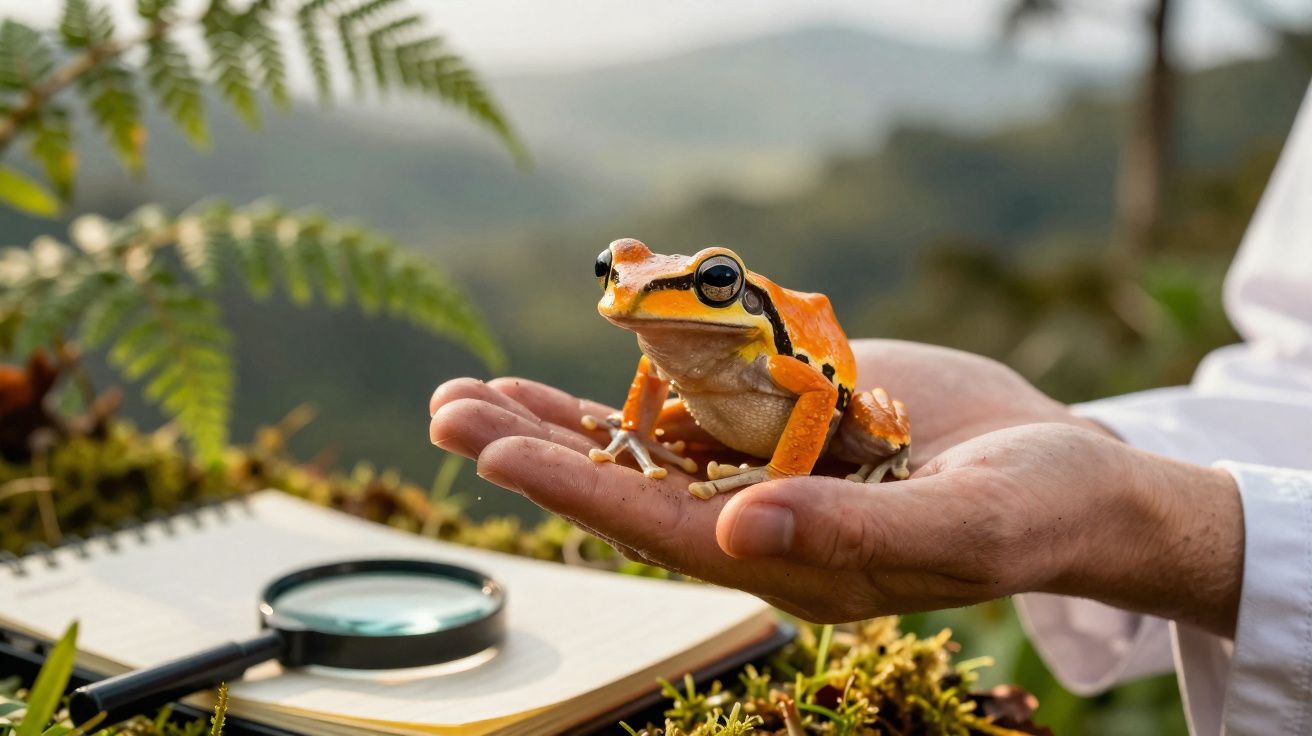 Rã laranja pousada na mão de uma pessoa com caderno e lupa em ambiente natural verde ao fundo.