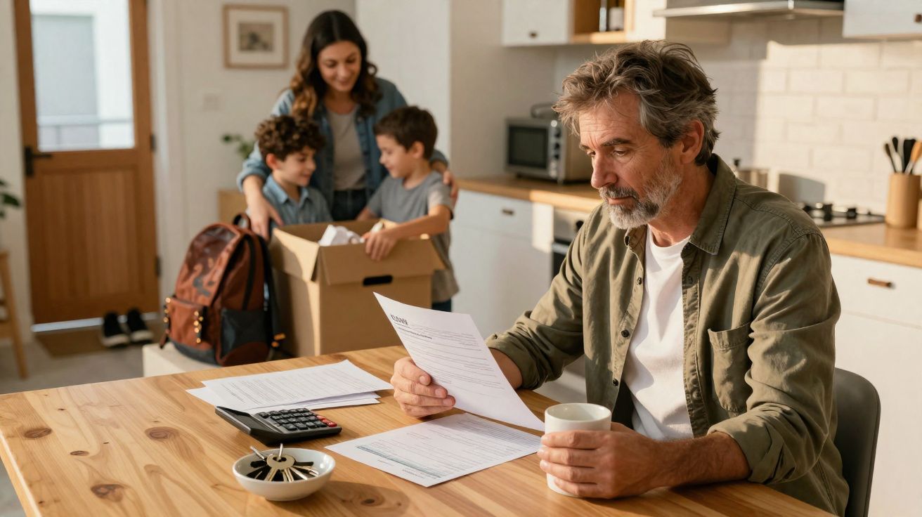 Homem sentado a ler documentos e mulher com duas crianças a desfazer uma caixa na cozinha.