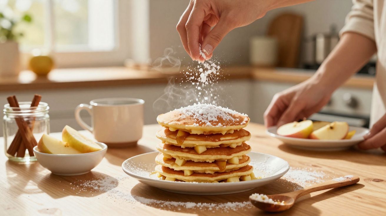 Mãos polvilhando açúcar em pilha de panquecas com maçã e canela numa cozinha iluminada.