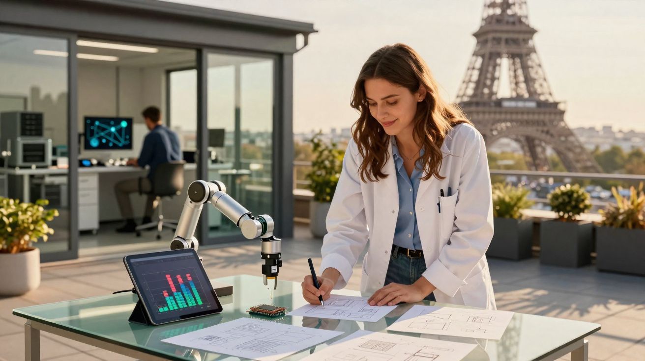 Mulher cientista com bata branca a trabalhar com braço robótico e gráficos, Torre Eiffel ao fundo.