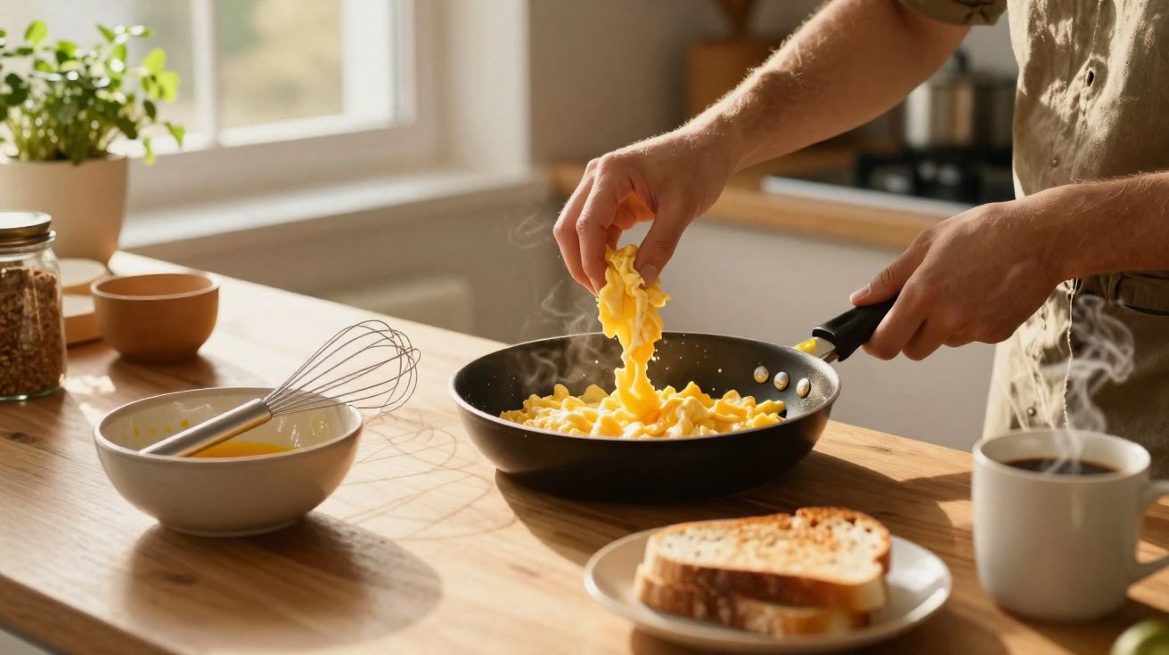 Pessoa a cozinhar ovos mexidos numa frigideira numa cozinha com torradas e café na bancada.