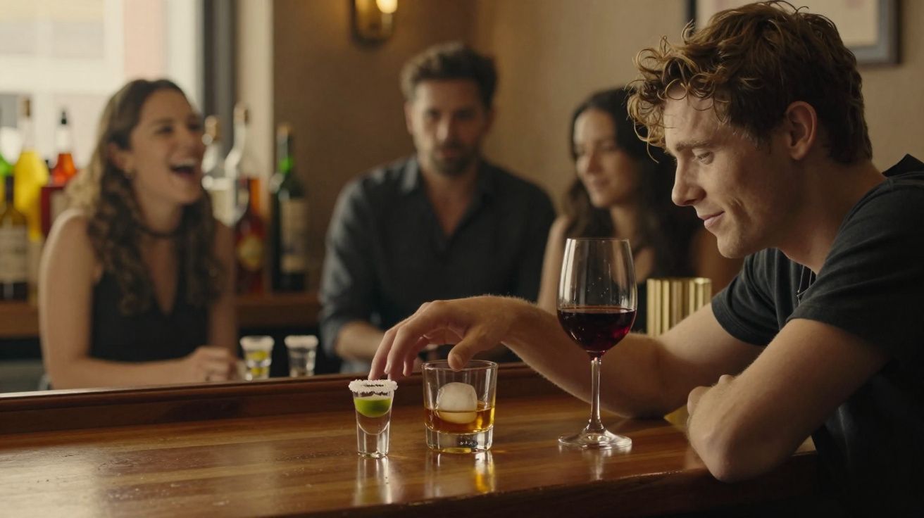 Homem ruivo sentado ao balcão de bar com três copos e três pessoas ao fundo sorrindo.