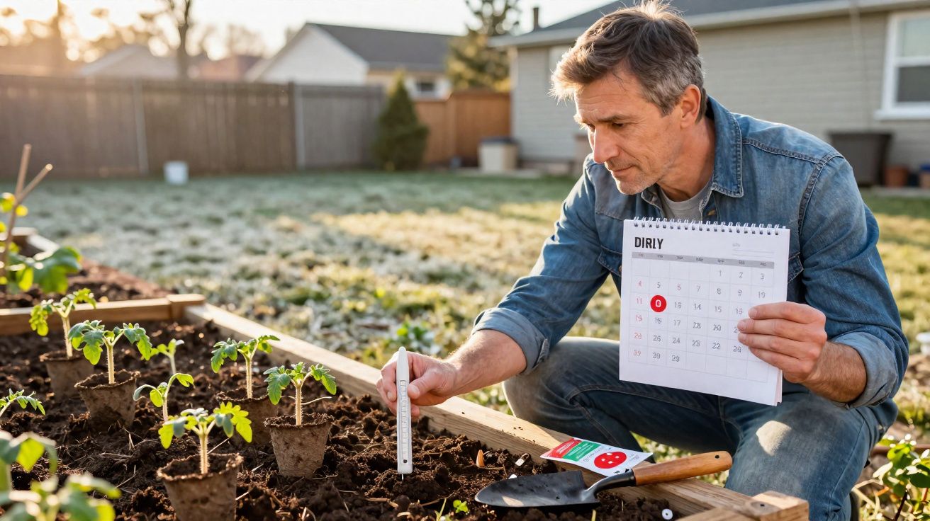 Homem com calendário verifica a temperatura do solo numa hortinha com plantas pequenas ao nascer do sol.