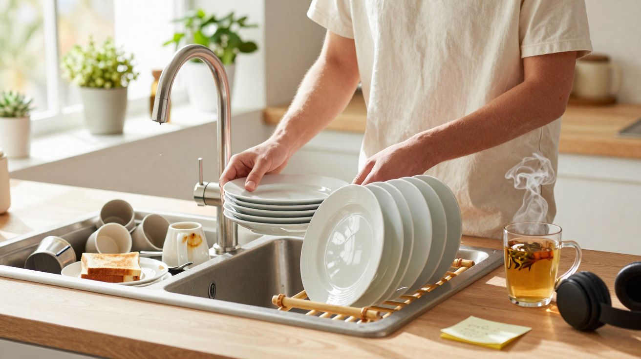 Pessoa a secar loiça branca numa cozinha moderna, com chá quente, pão e auscultadores na bancada.
