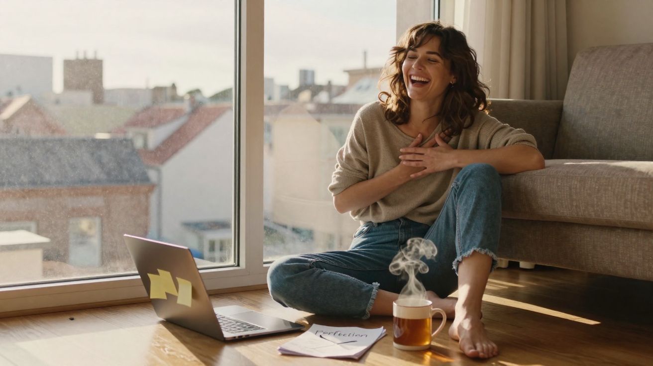 Mulher sentada no chão junto à janela, a rir, com portátil, chá e caderno à sua frente num ambiente acolhedor.