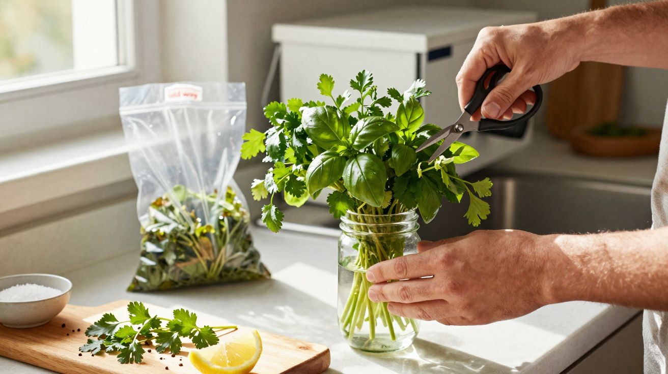Mãos a cortar ervas frescas com tesoura junto a vidro com água numa cozinha iluminada.