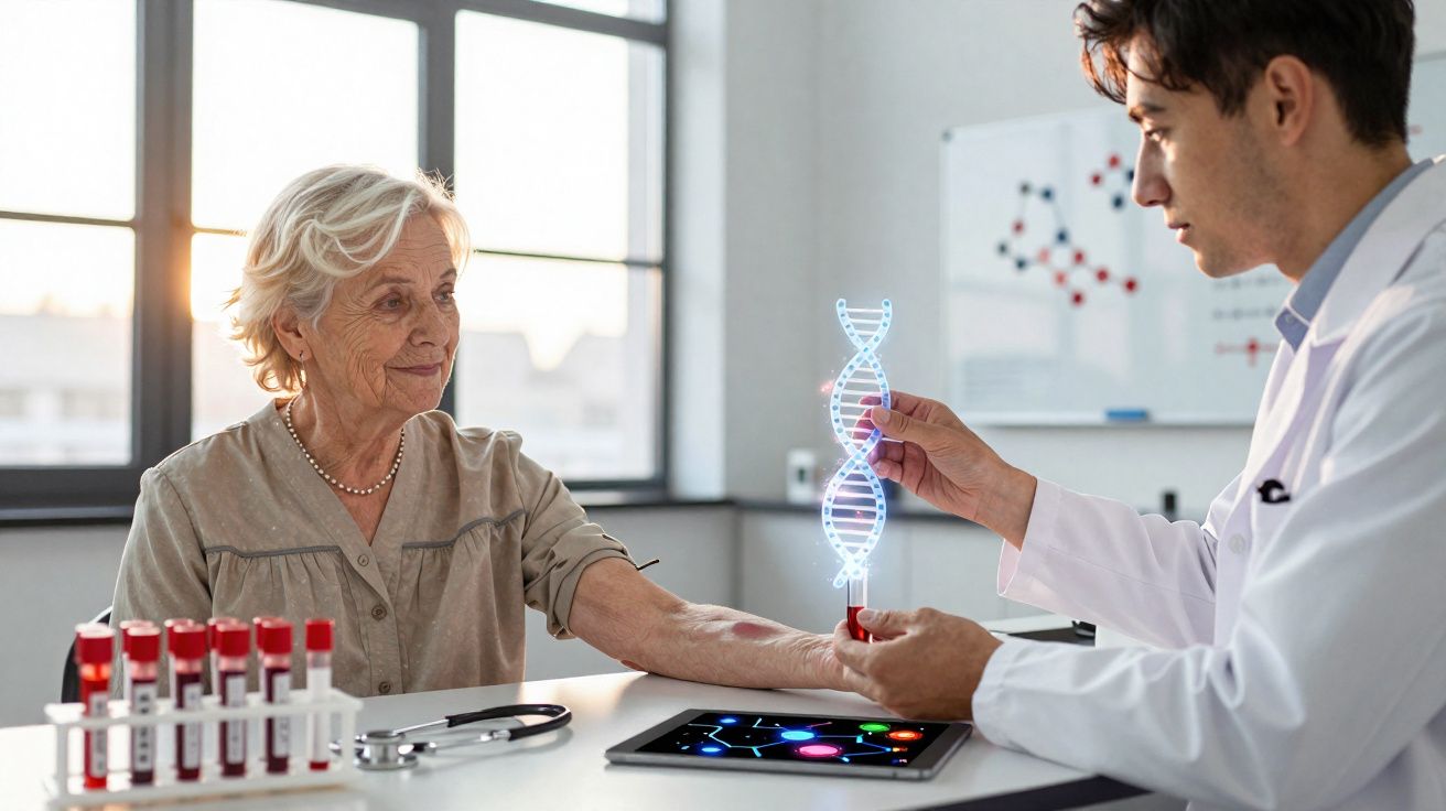 Médico mostra modelo holográfico de DNA a idosa durante consulta médica relacionada com análises sanguíneas.