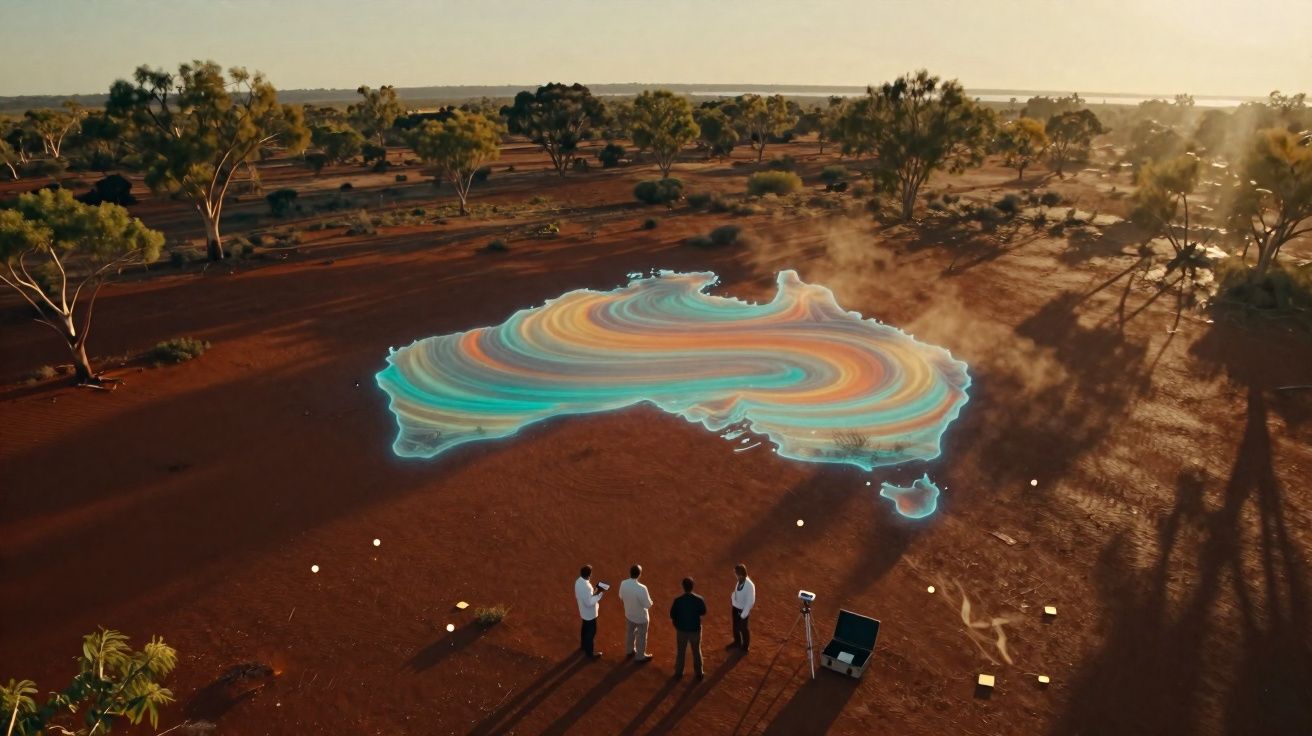Vista aérea de quatro pessoas junto a uma representação colorida em 3D do mapa da Austrália no solo árido.