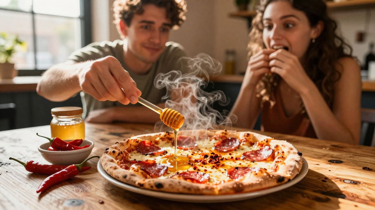 Dois jovens na cozinha, um derrama mel quente sobre pizza fumegante de pepperoni e ovo.