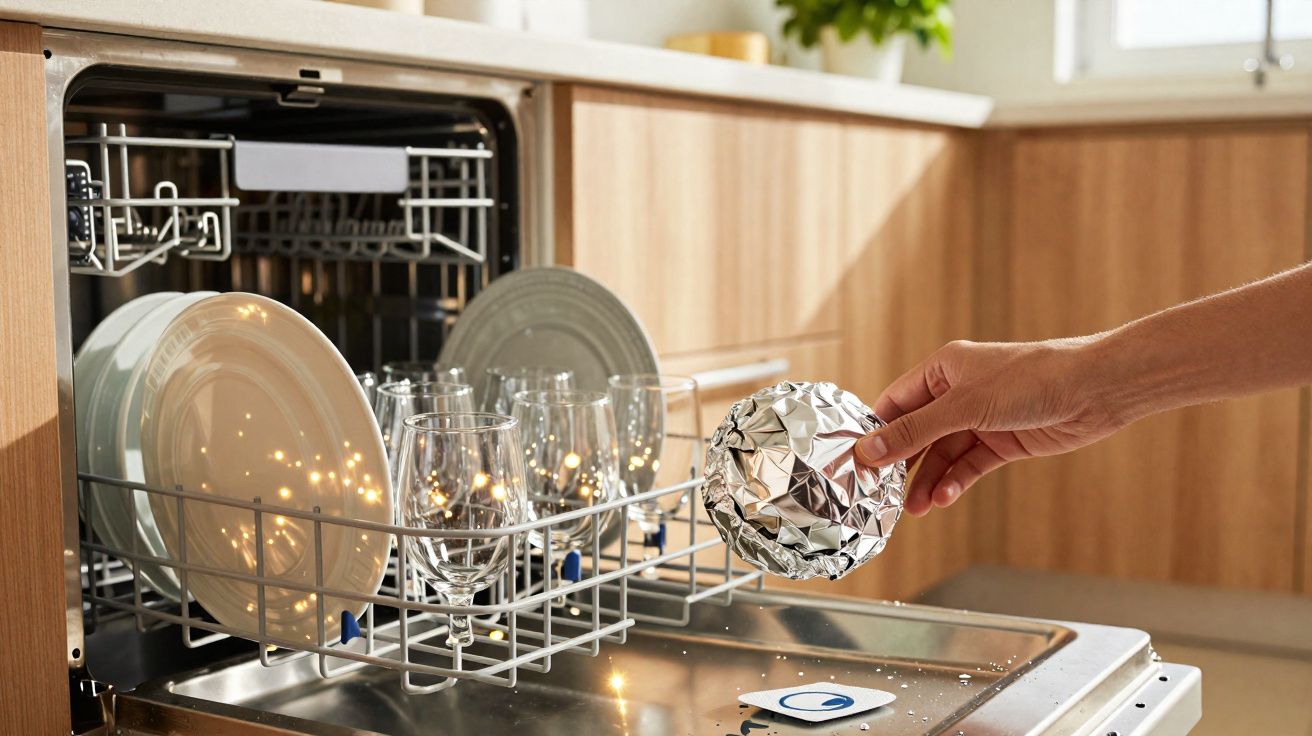 Pessoa a colocar bola de alumínio brilhante numa máquina de lavar loiça aberta com pratos e copos.