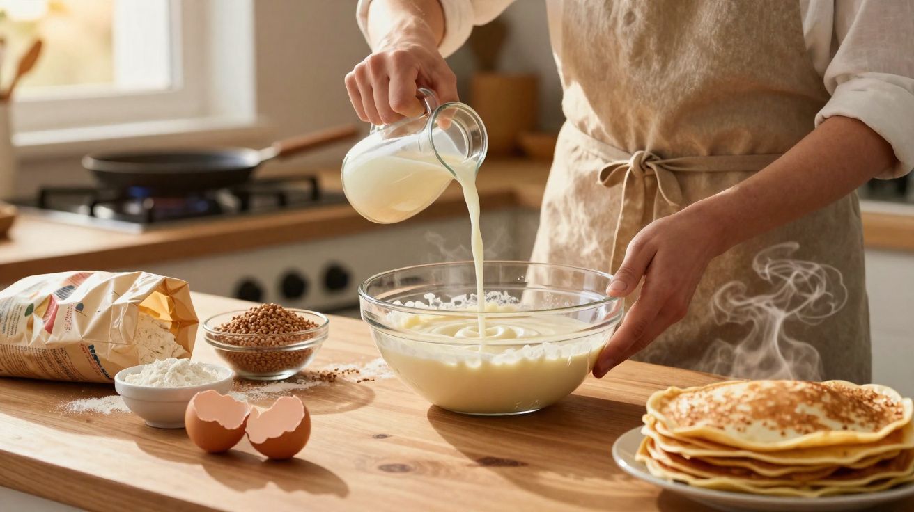 Pessoa a verter leite numa tigela com massa para panquecas numa cozinha com ingredientes e uma pilha de panquecas quentes.