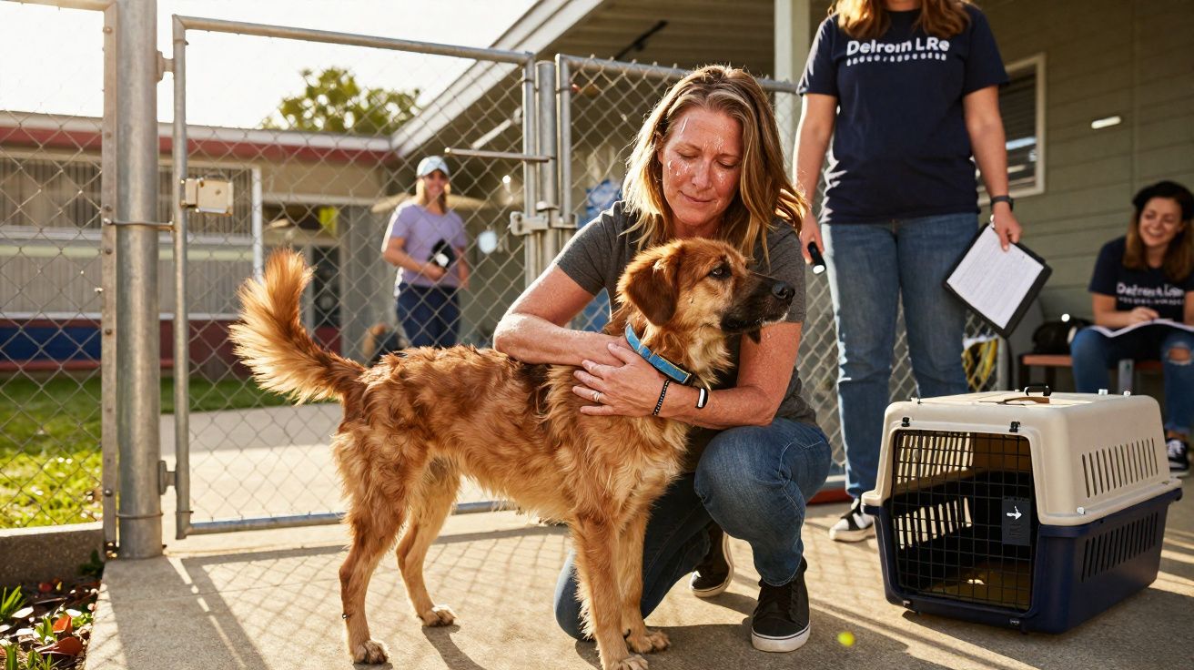 Mulher a abraçar cão castanho junto a transportadora num abrigo de animais ao ar livre.