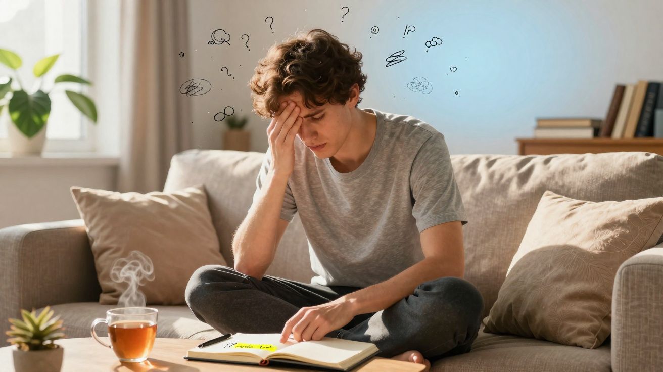 Jovem sentado no sofá parece preocupado, com símbolos de interrogação desenhados à sua volta.