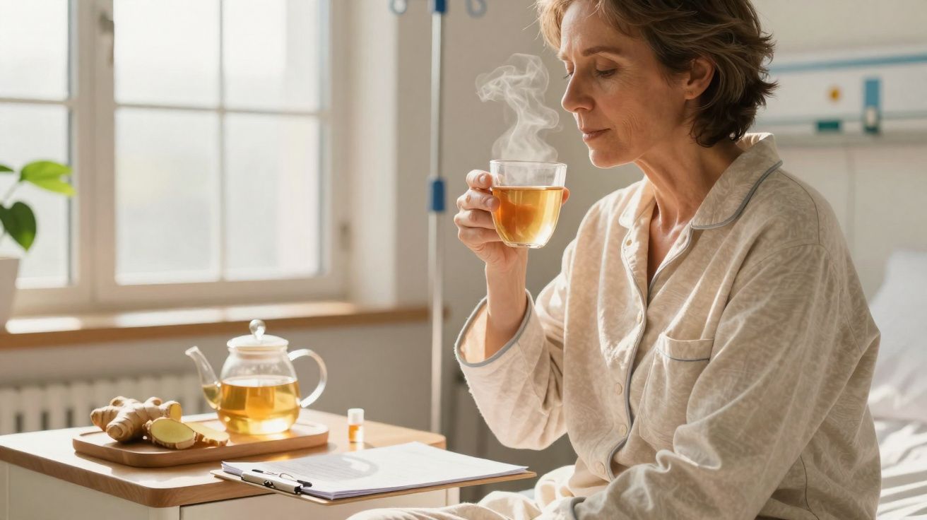 Mulher de pijama sentada numa cama hospitalar a beber chá quente num copo transparente.