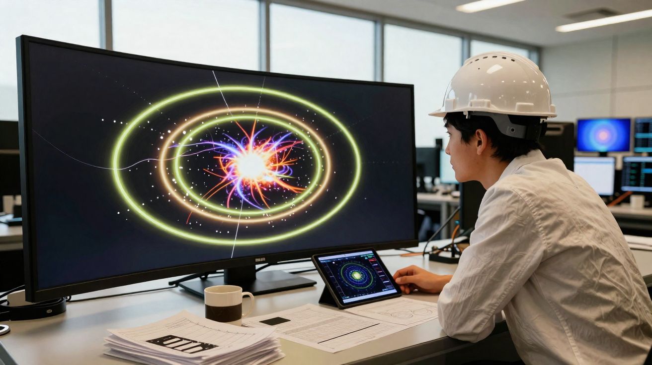 Pessoa com capacete branco observa gráficos energéticos em ecrã grande curva num escritório moderno.