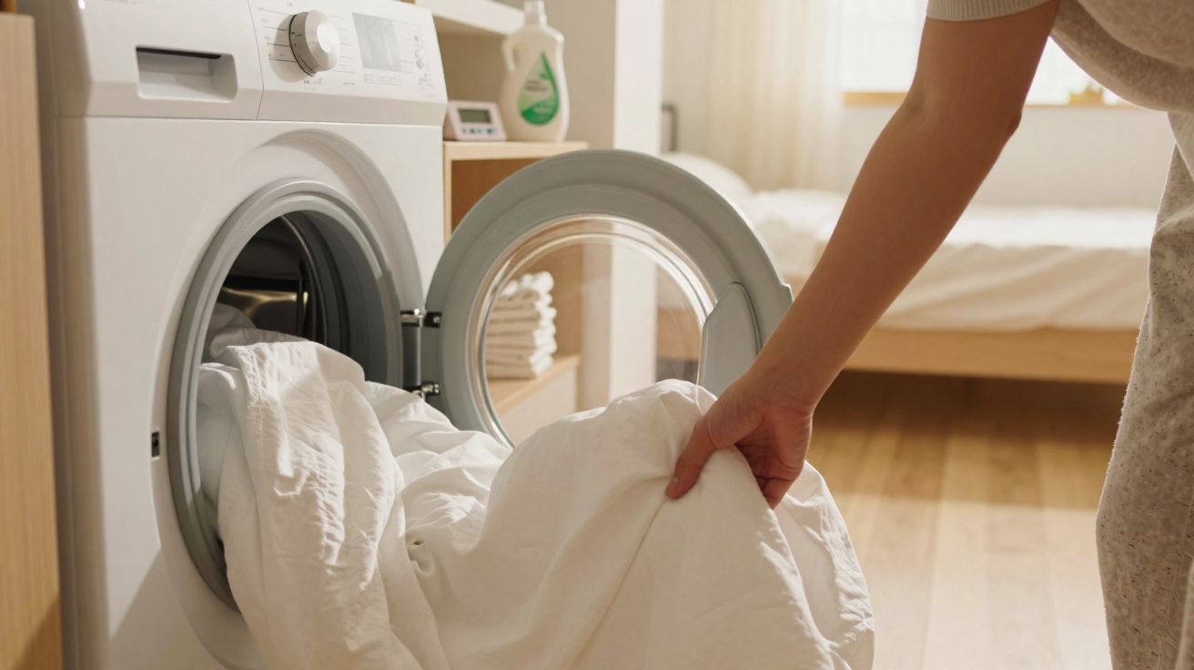 Pessoa a retirar roupa de cama branca de uma máquina de lavar roupa numa divisão iluminada.