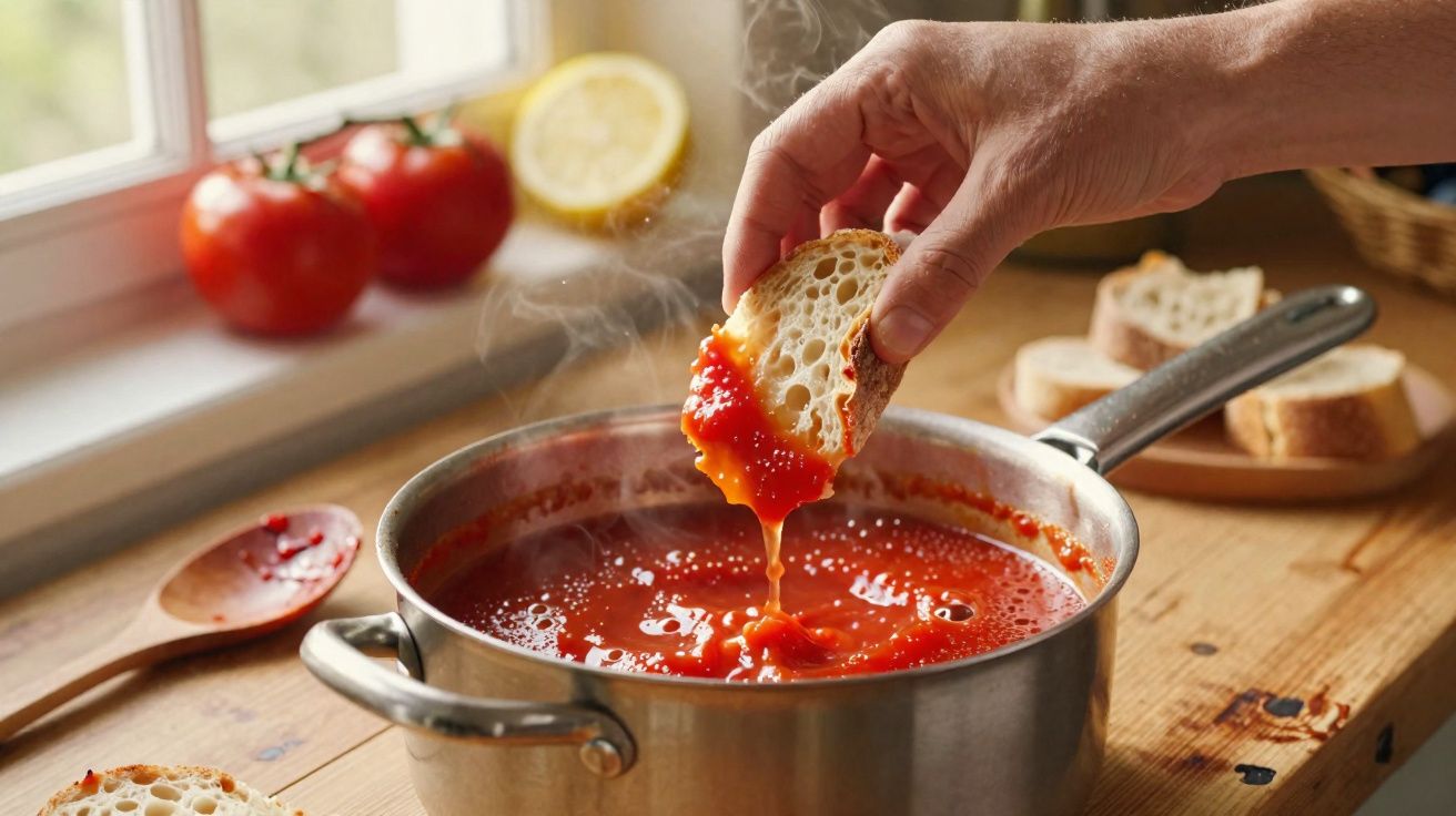 Mão a mergulhar fatia de pão em panela com molho de tomate quente numa cozinha ensolarada.