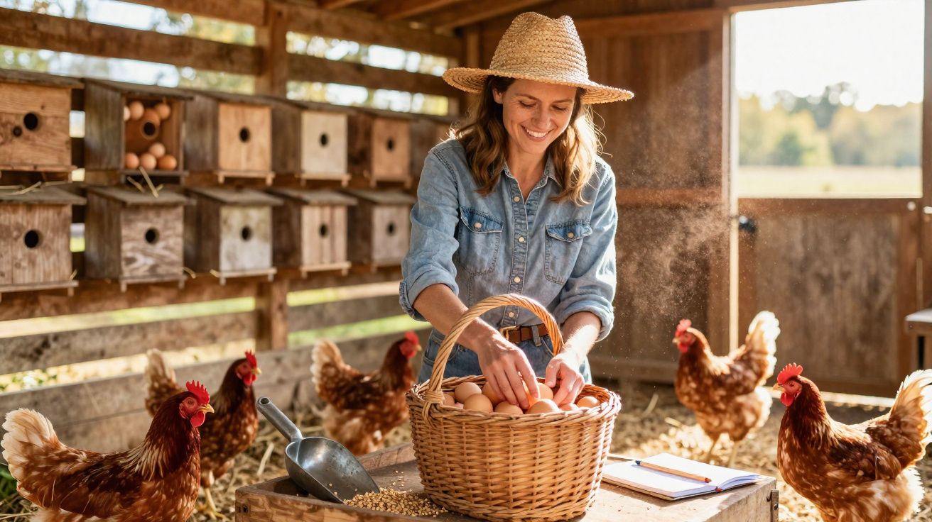 Mulher a apanhar ovos num cesto numa galinheiro com várias galinhas e ninhos de madeira ao fundo.