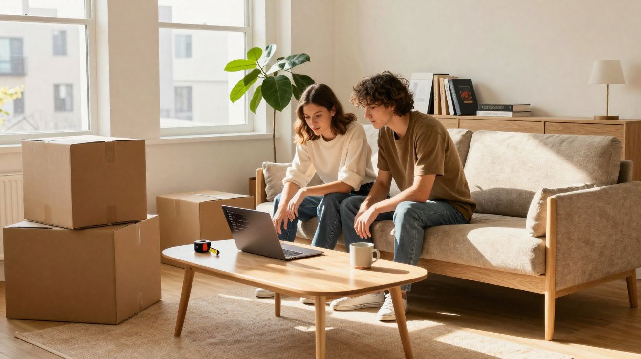 Casal jovem sentado no sofá a olhar para portátil em sala iluminada com caixas de mudança.